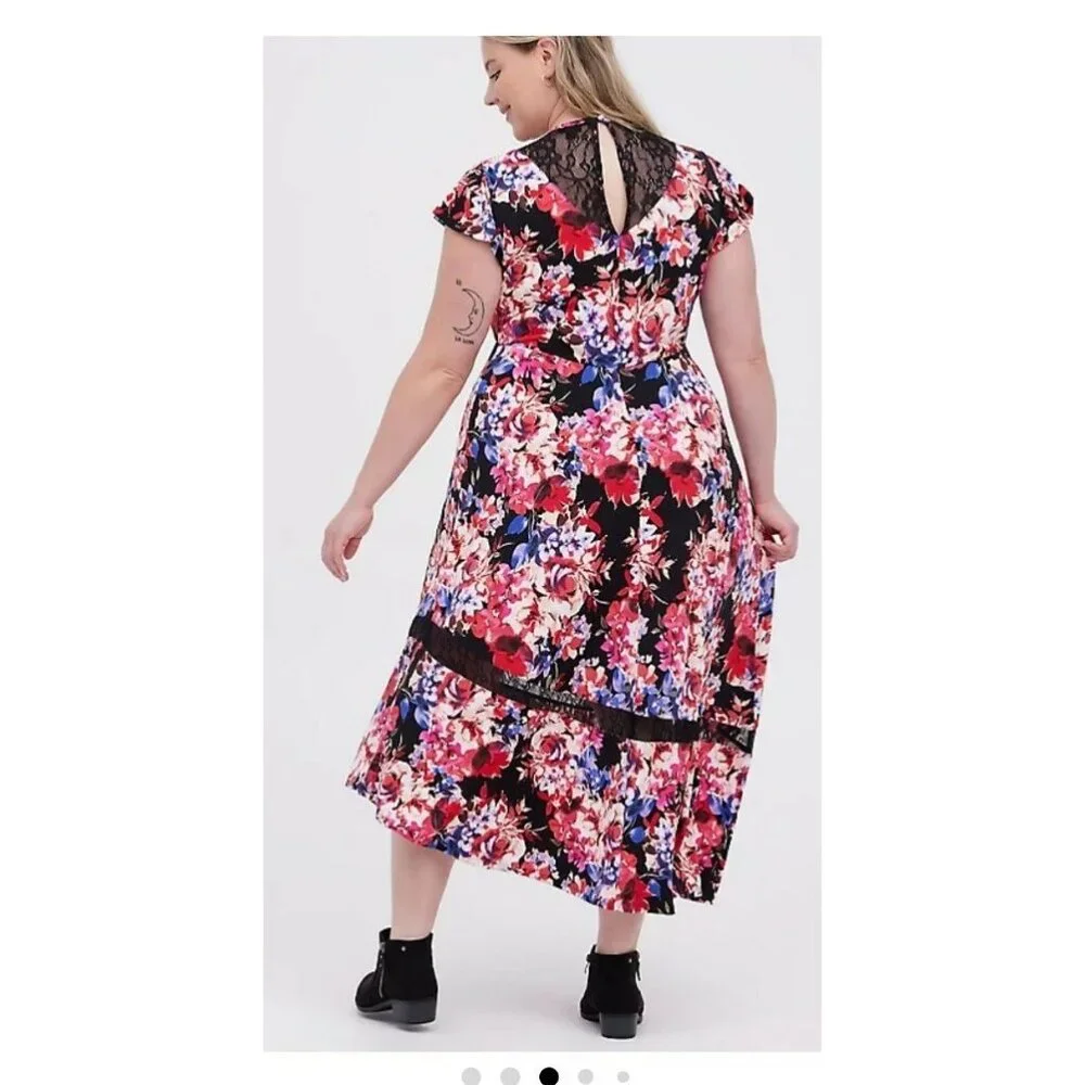 Women's NWT Torrid Black Skater Midi Dress- Studio Knit Lace Neck Floral, Size 4 - Picture 5 of 6